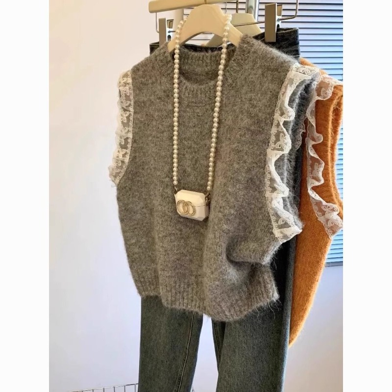 Sewing Vest - Femmes pull gilet rétro Patchwork dentelle